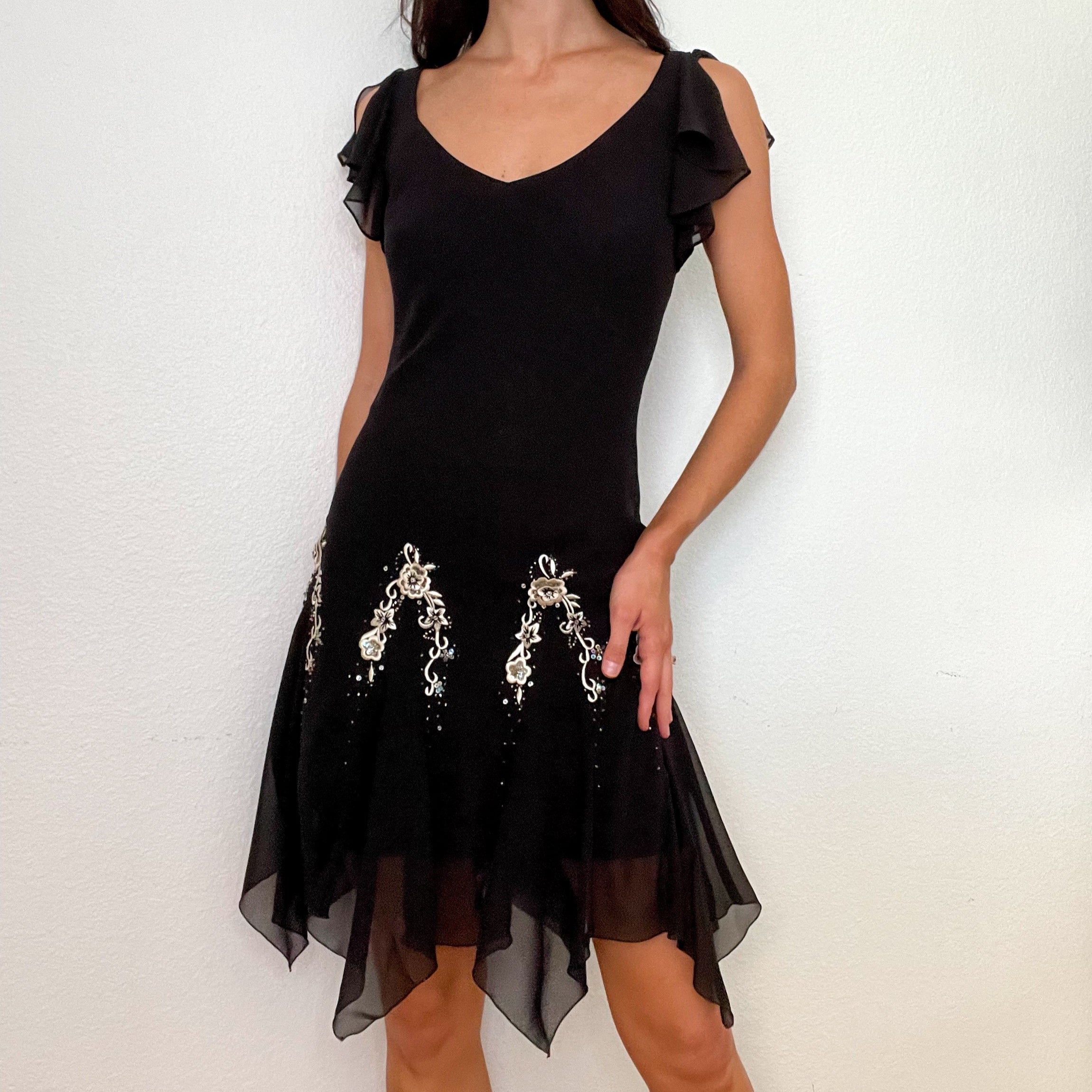 Black Embroidered Vintage Ruffle Midi Dress (M)