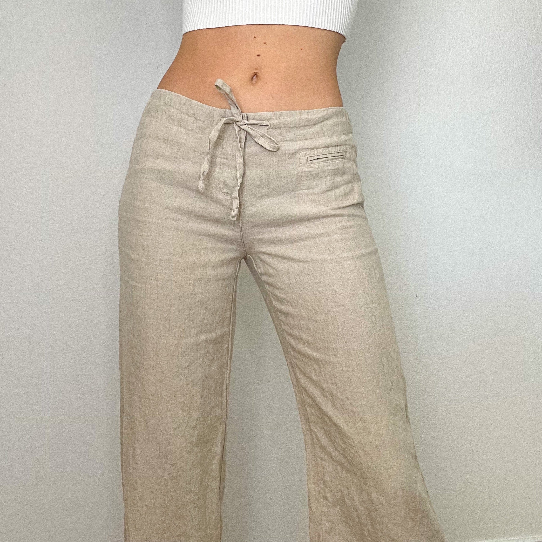 Beige Linen Low Rise Flare Pants