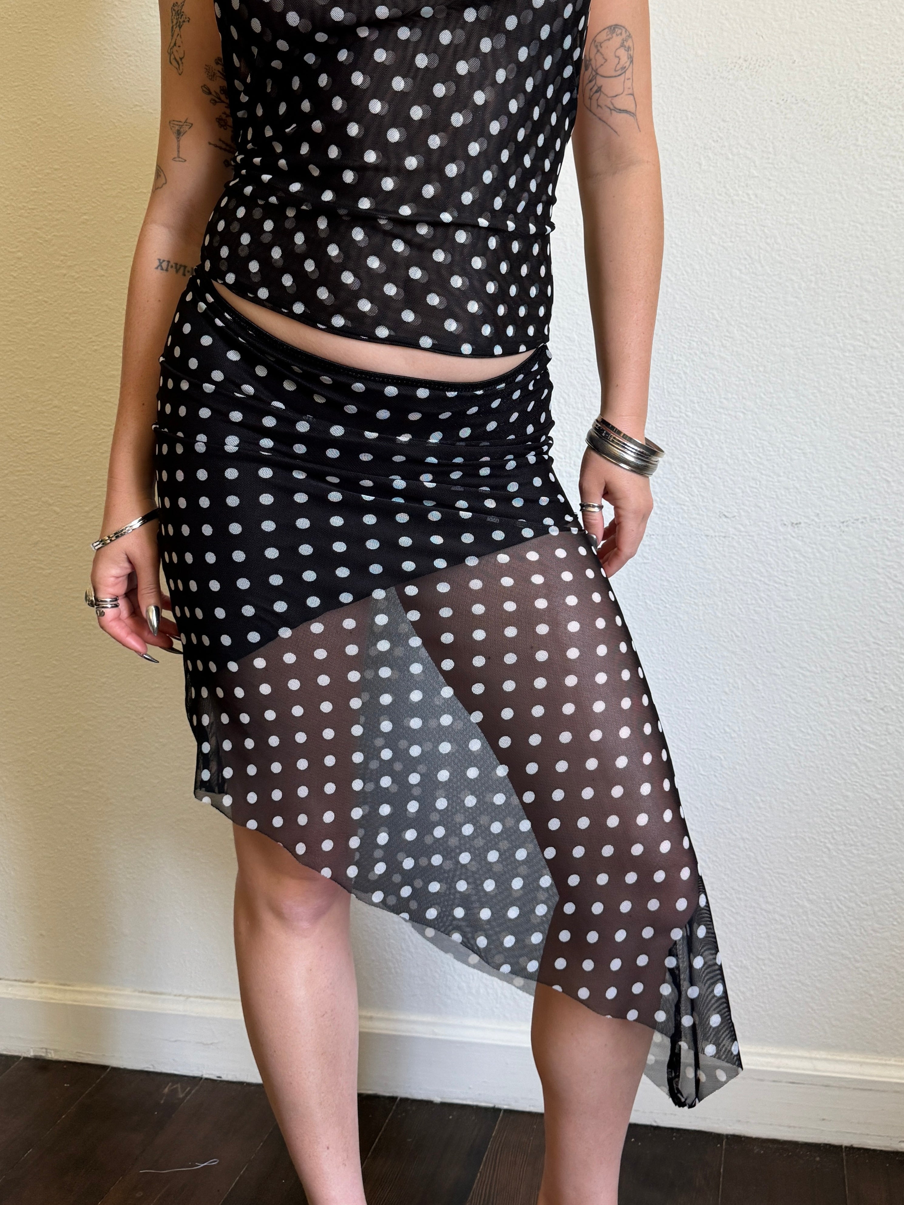 Polka Dot Mesh Asymmetrical Midi Skirt (XS-XL)