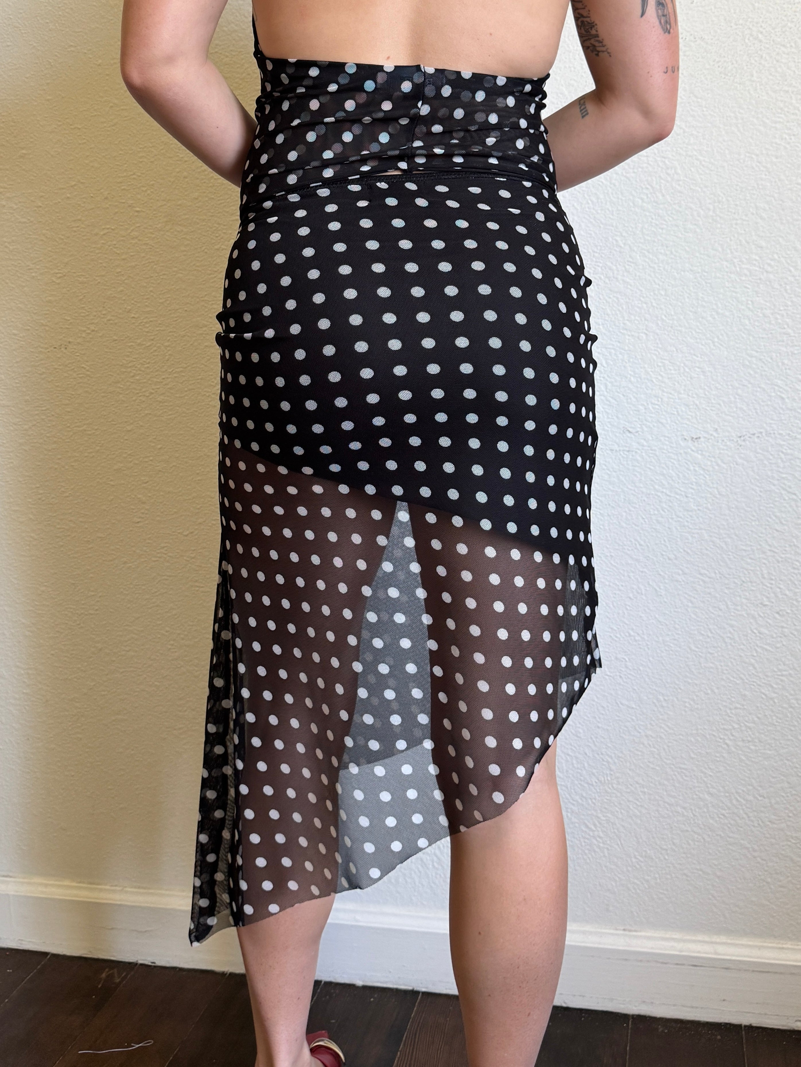 Polka Dot Mesh Asymmetrical Midi Skirt (XS-XL)