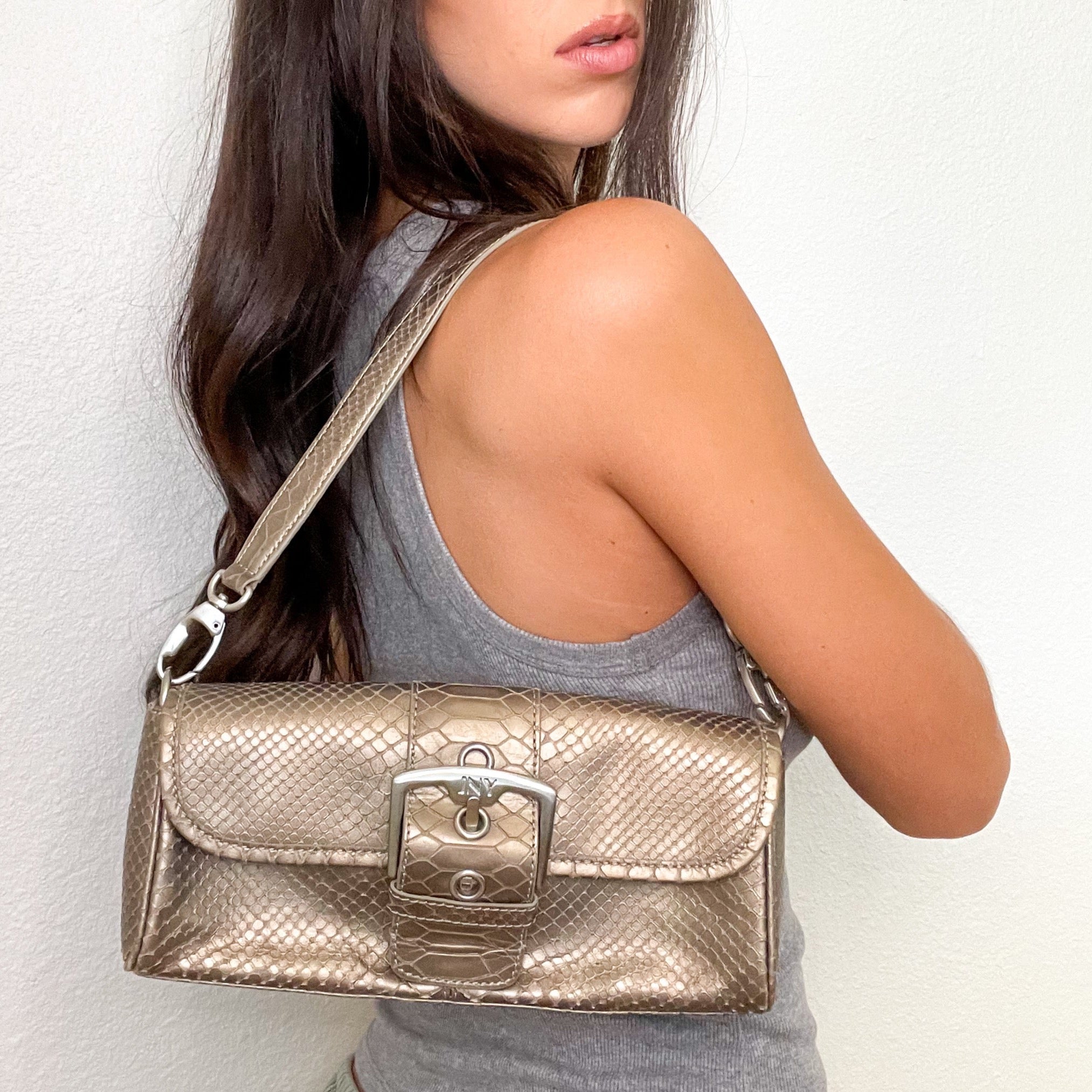 Brown Snake Print Y2K Buckle Purse