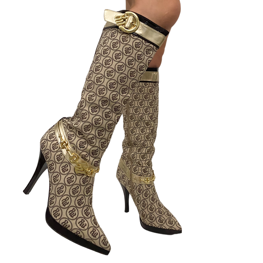 Rocawear Y2K Tan + Brown Monogram Knee High Boots (10)