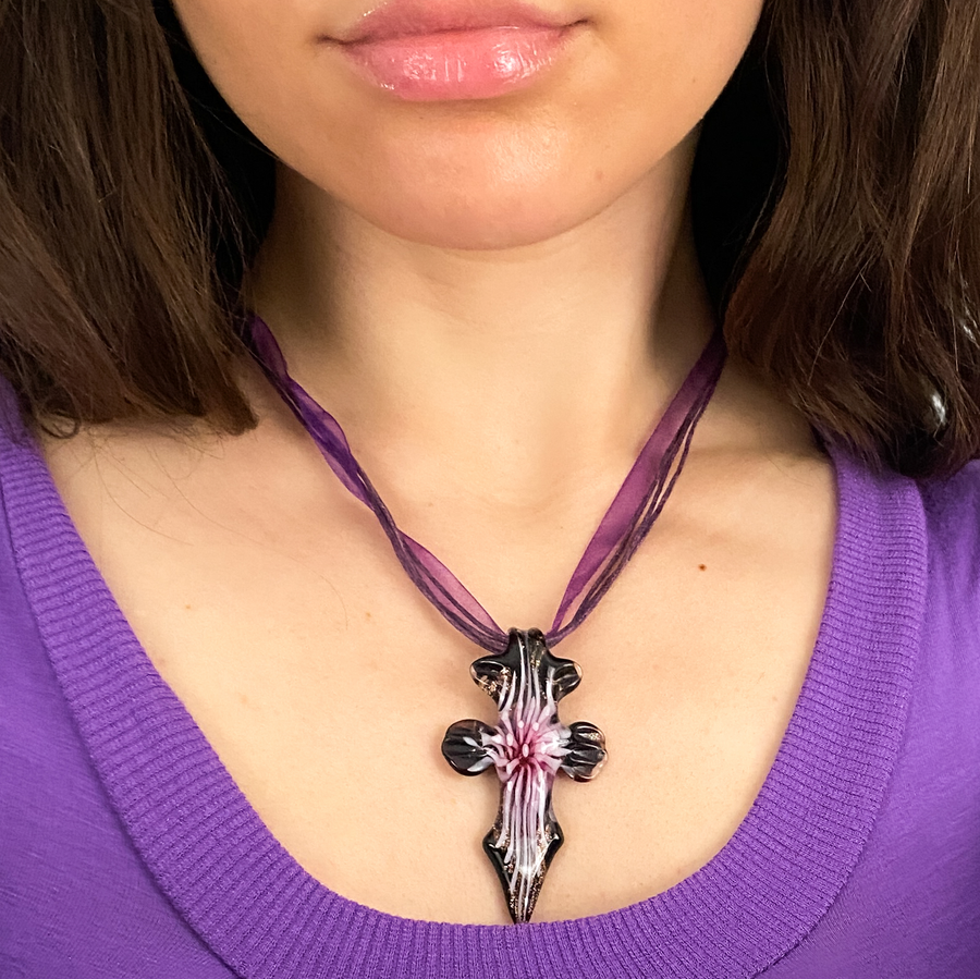 Purple Blown Glass Cross Necklace