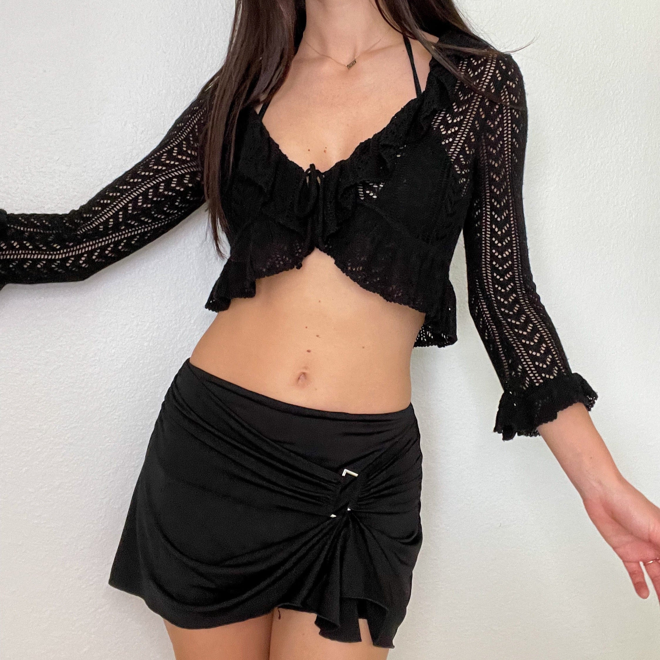 Black Crochet Cropped Tie Cardigan