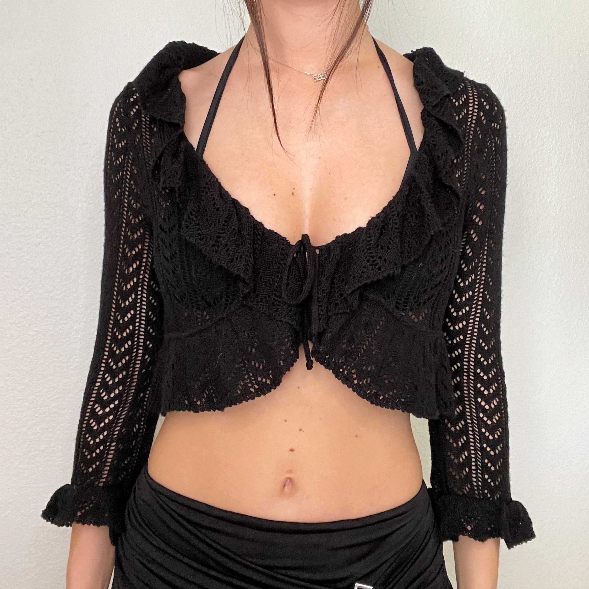 Black Crochet Cropped Tie Cardigan