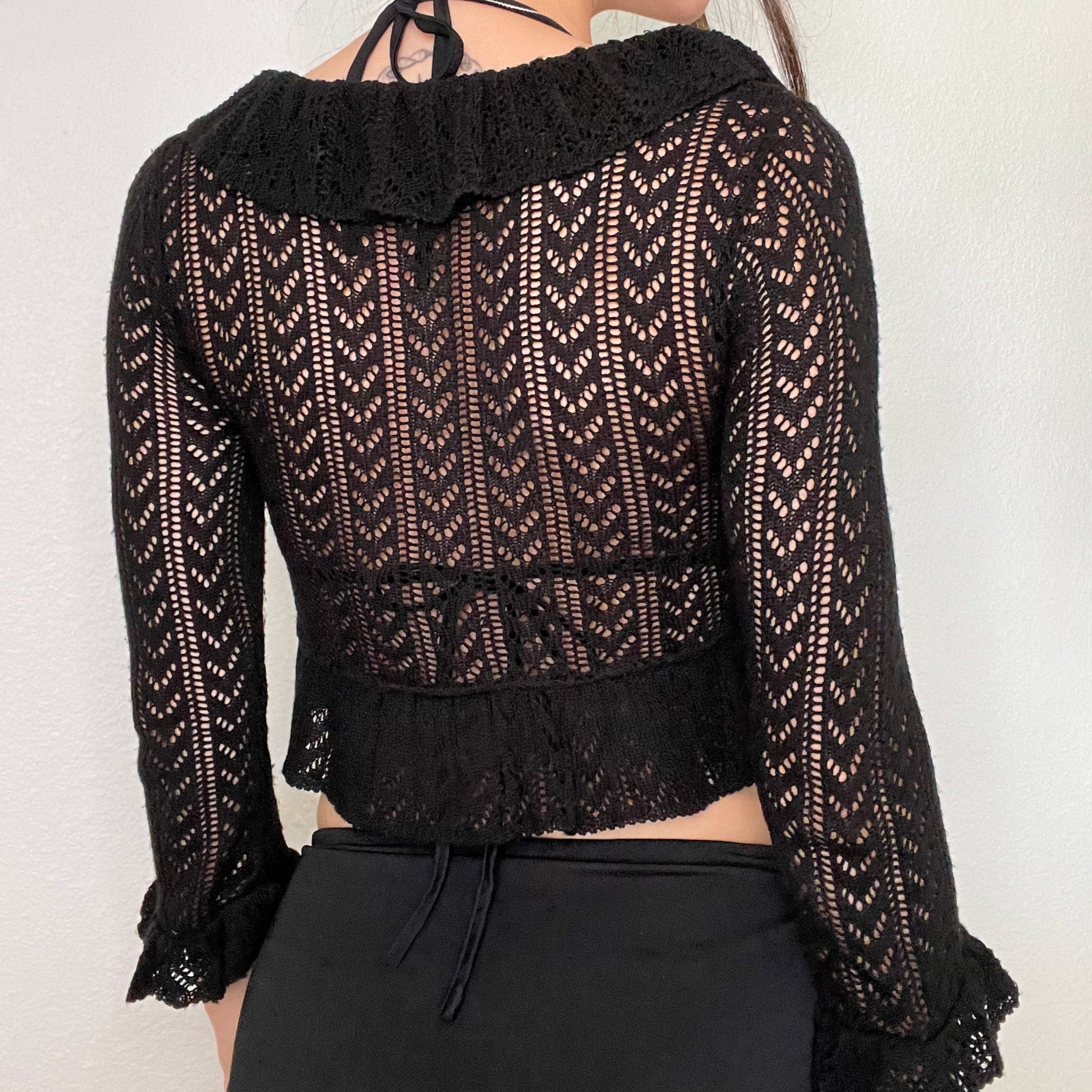 Black Crochet Cropped Tie Cardigan