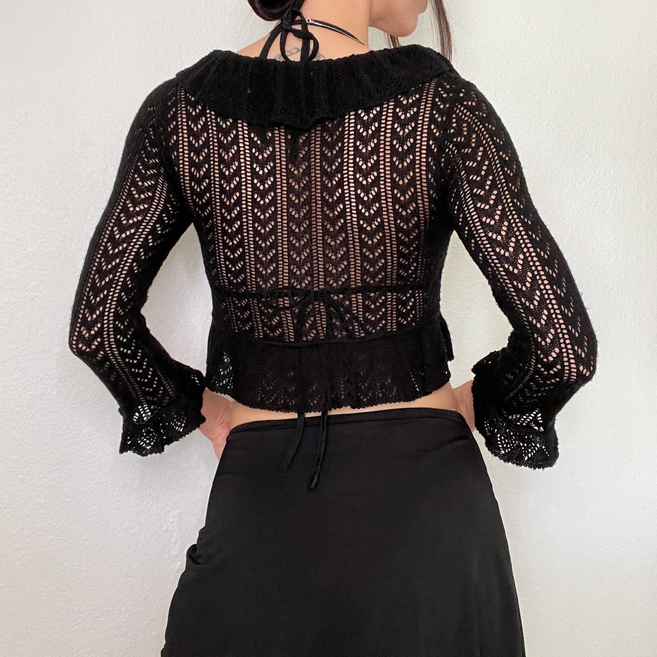 Black Crochet Cropped Tie Cardigan