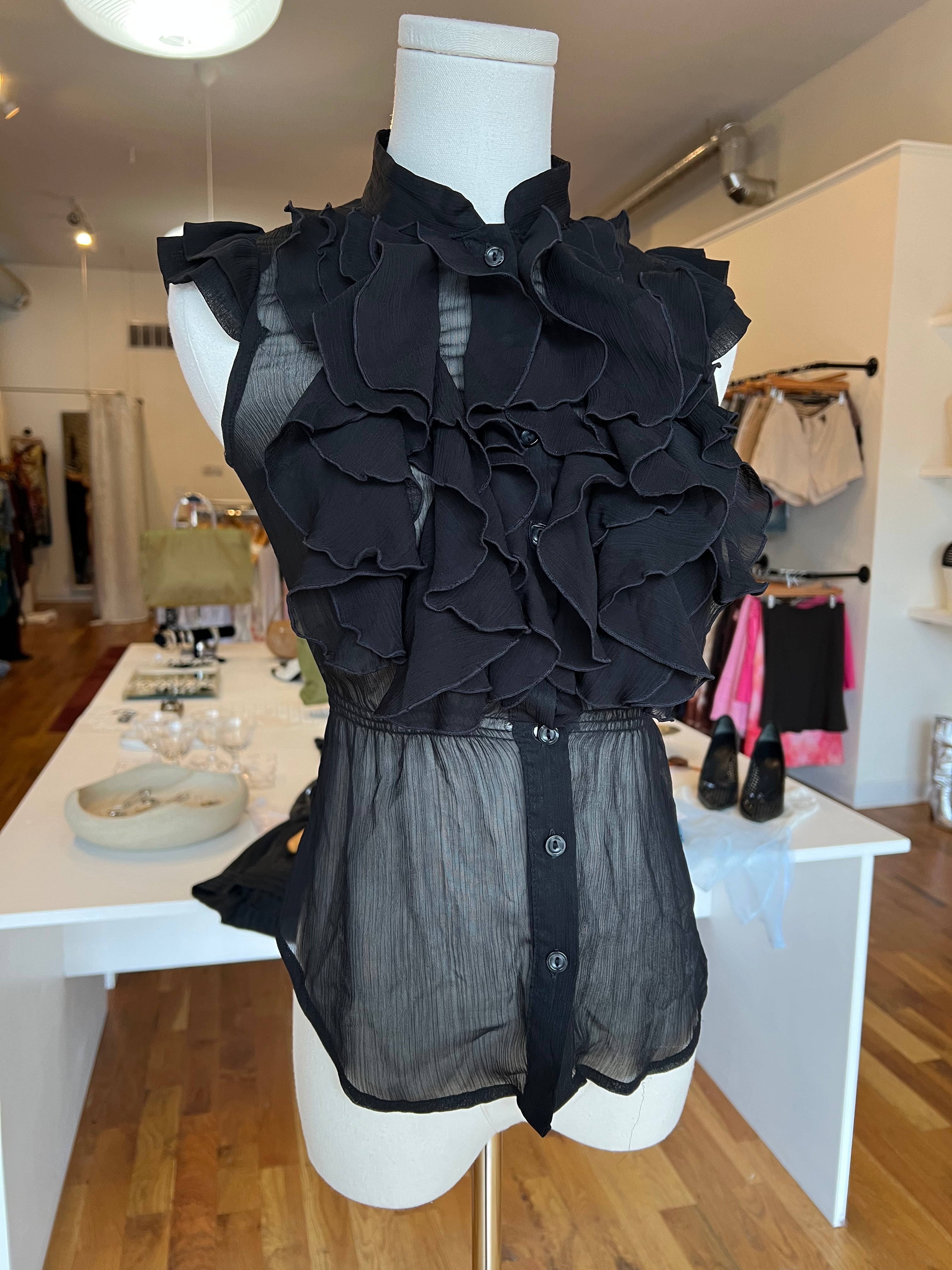 Vintage Black Sheer Ruffle Top (S)