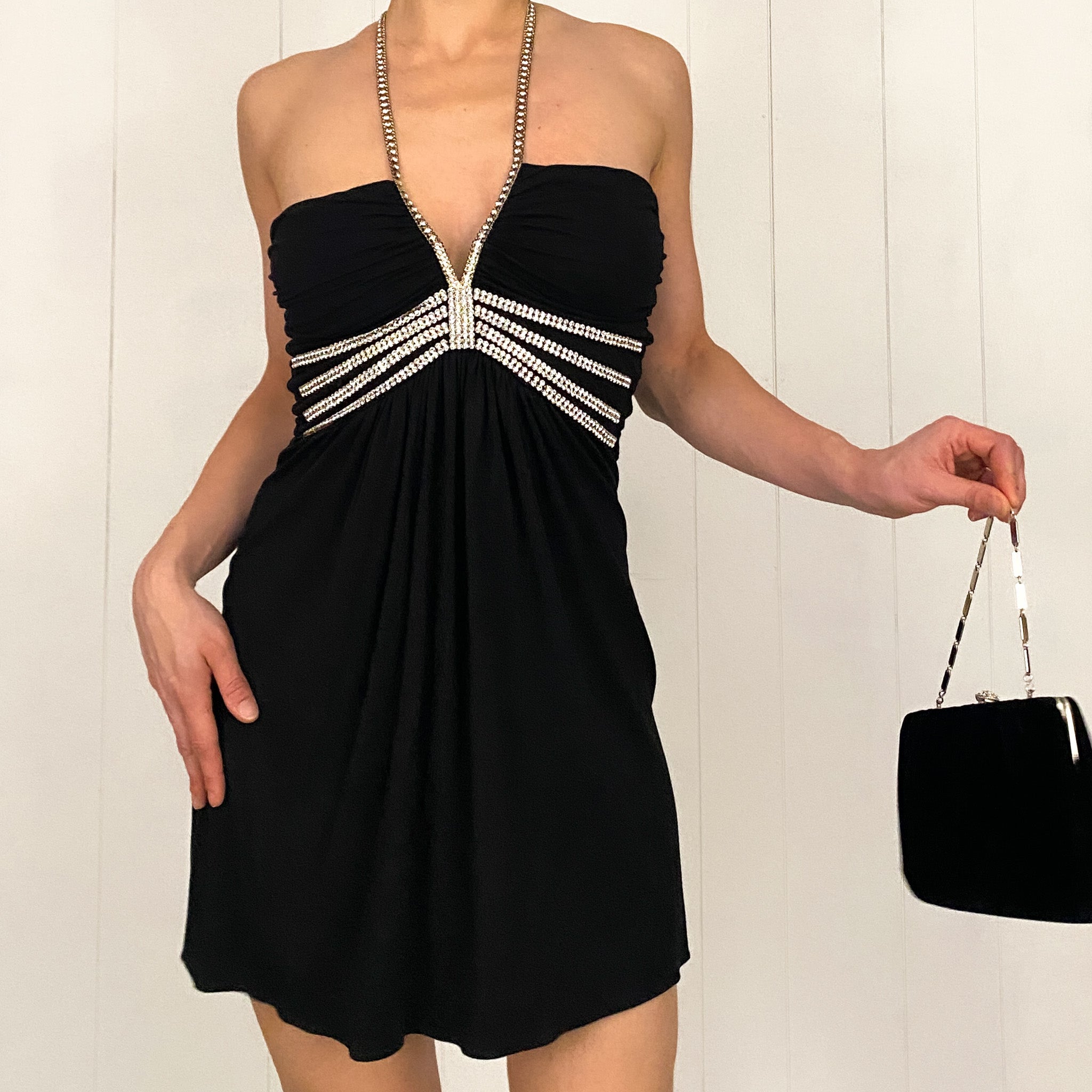 Sky Rhinestone Goddess Black Mini Dress (M)