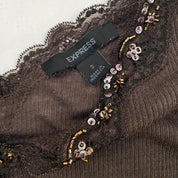 2000s Brown Wide Neck Embellished Top (S)