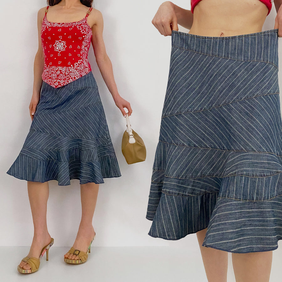 DKNY Striped Denim Flare Skirt - Medium