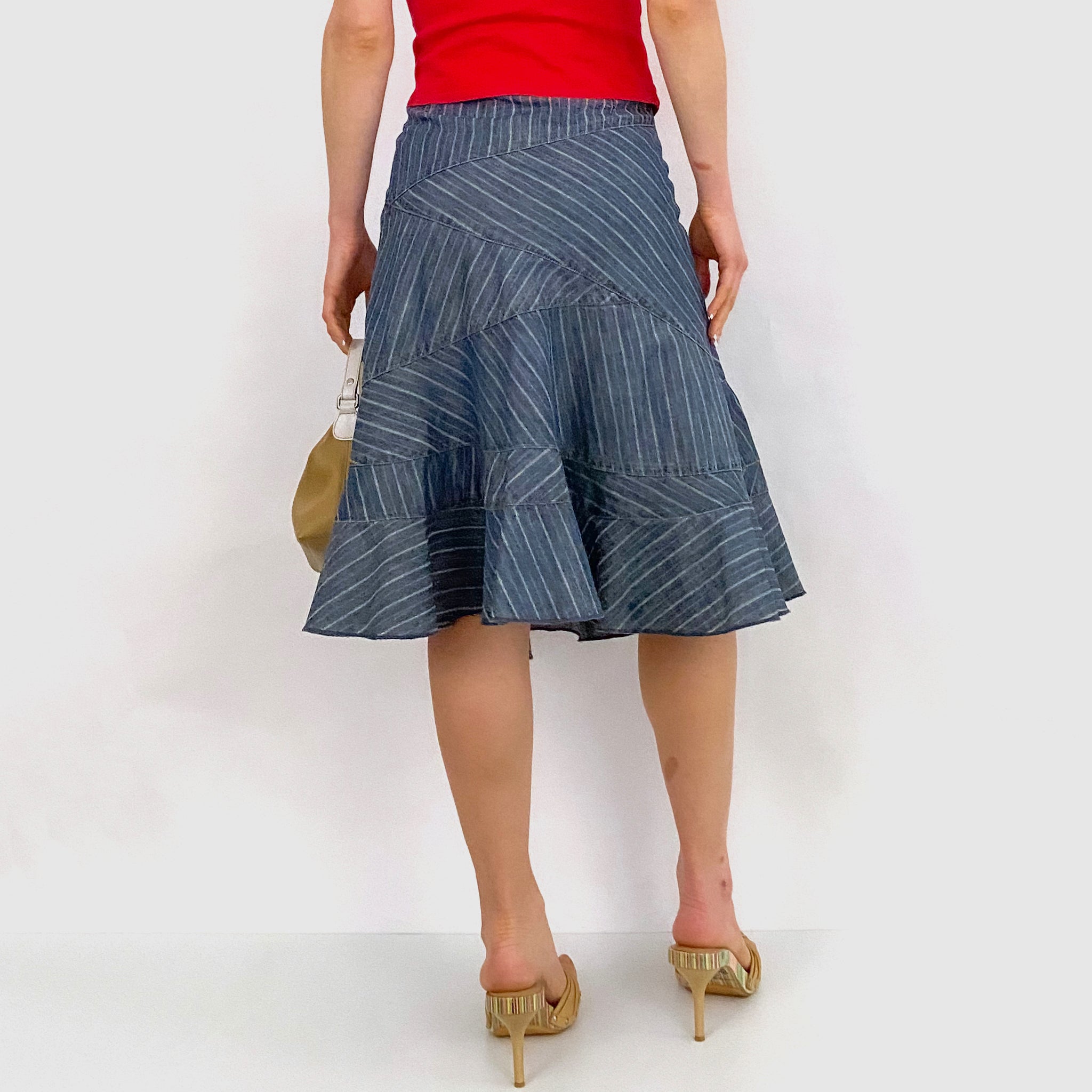 DKNY Striped Denim Flare Skirt - Medium