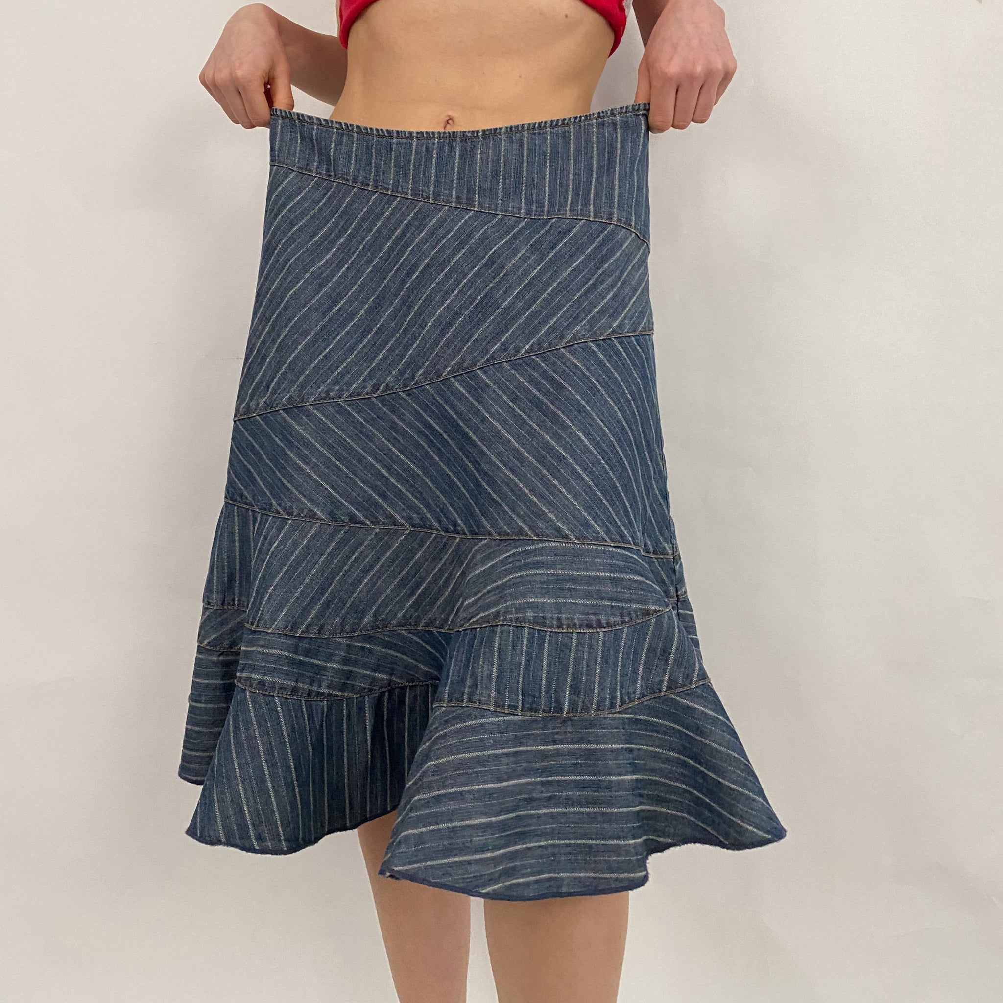 DKNY Striped Denim Flare Skirt - Medium