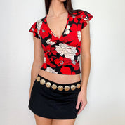 Red Floral Flowy Blouse Top (S)