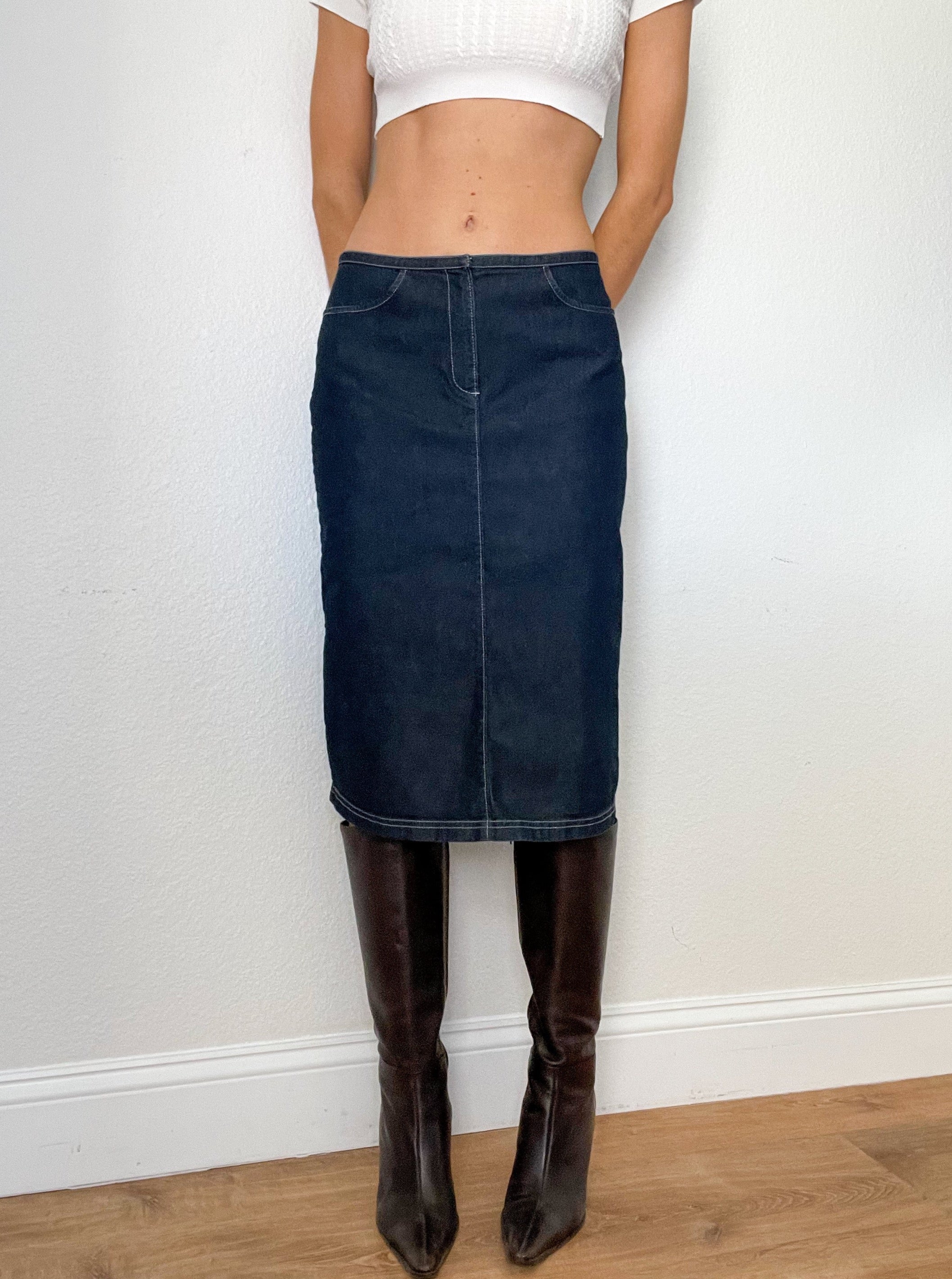 Denim Low Rise Y2K Midi Skirt (S)