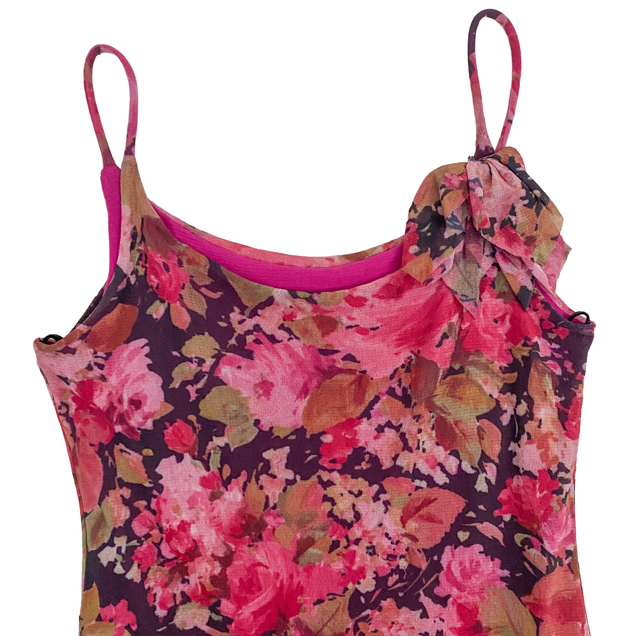 2000s Pink Floral Micro Mesh Midi Dress (L)