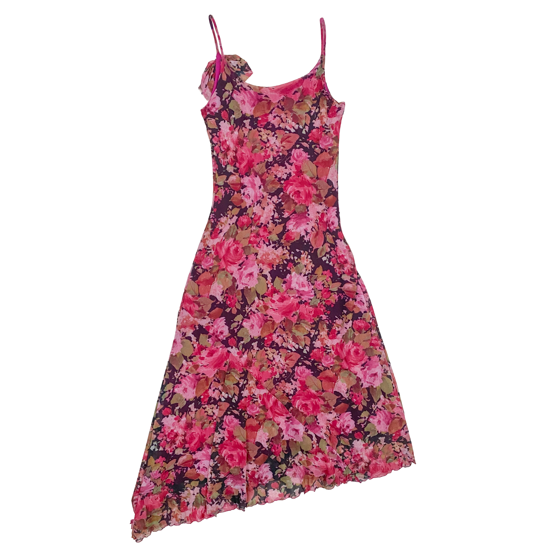 2000s Pink Floral Micro Mesh Midi Dress (L)