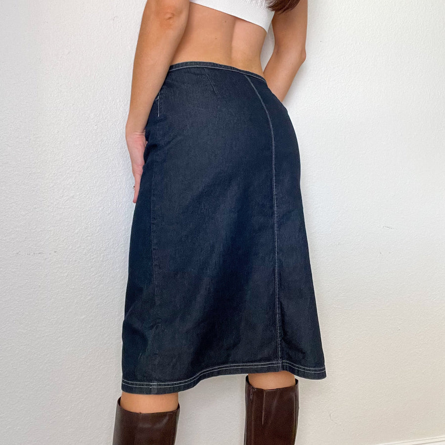Y2K Fit & Flare Denim Midi Skirt (S) — Holy Thrift