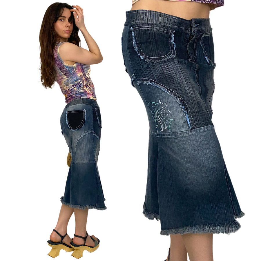 Y2K Fit & Flare Denim Midi Skirt (S) — Holy Thrift
