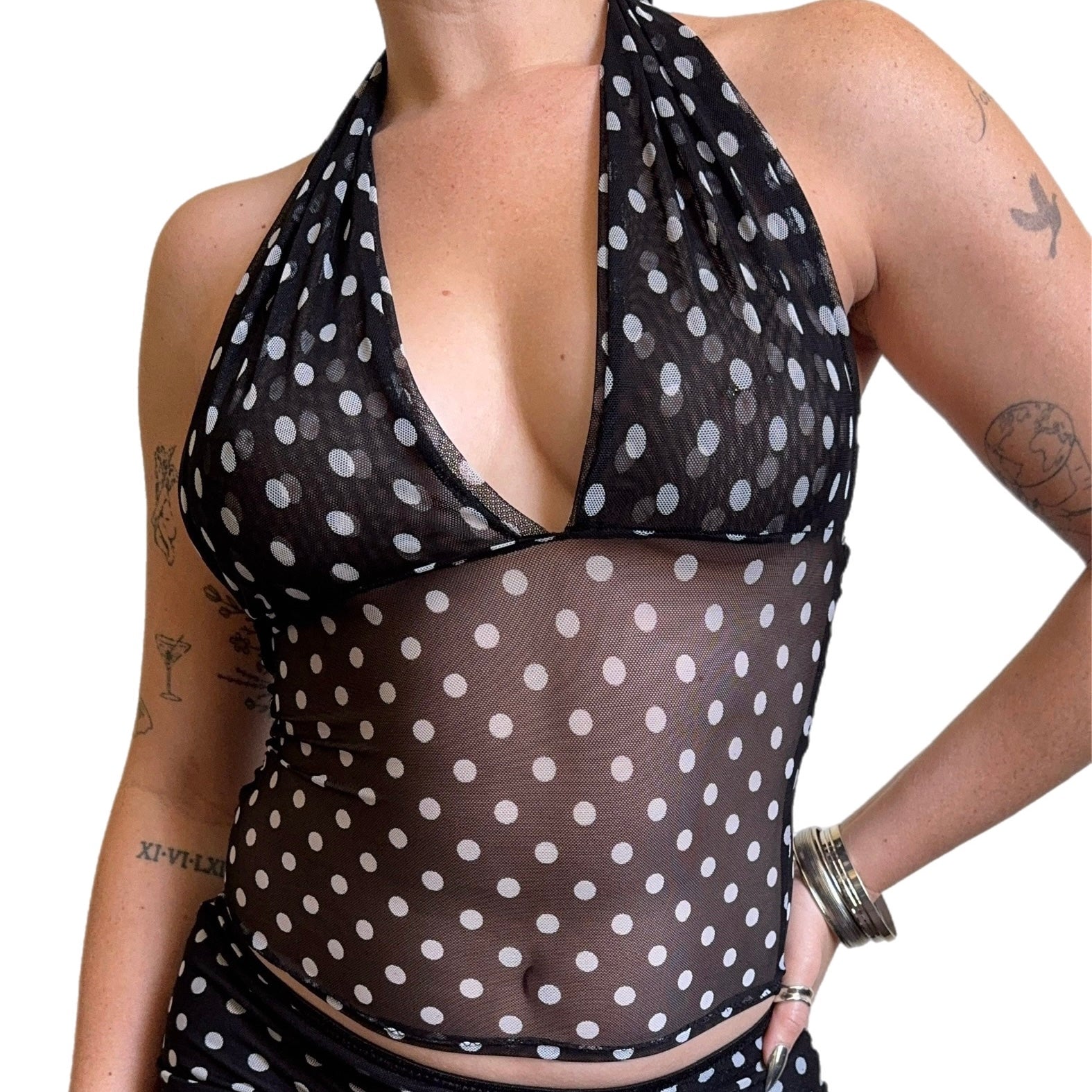 Polka Dot Mesh V-Neck Halter (XS-XL)