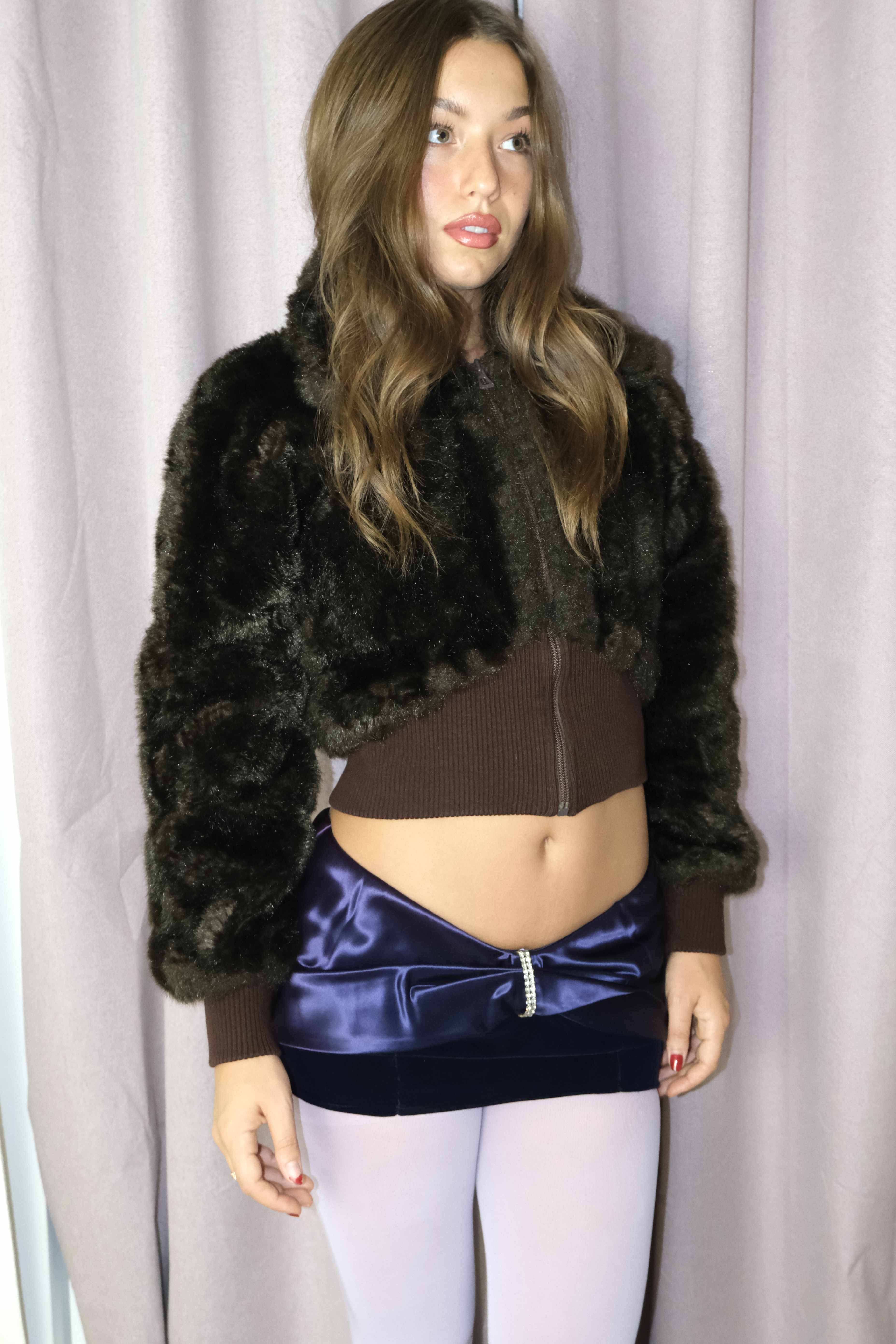 Mocha Mini Faux Fur Bomber Jacket