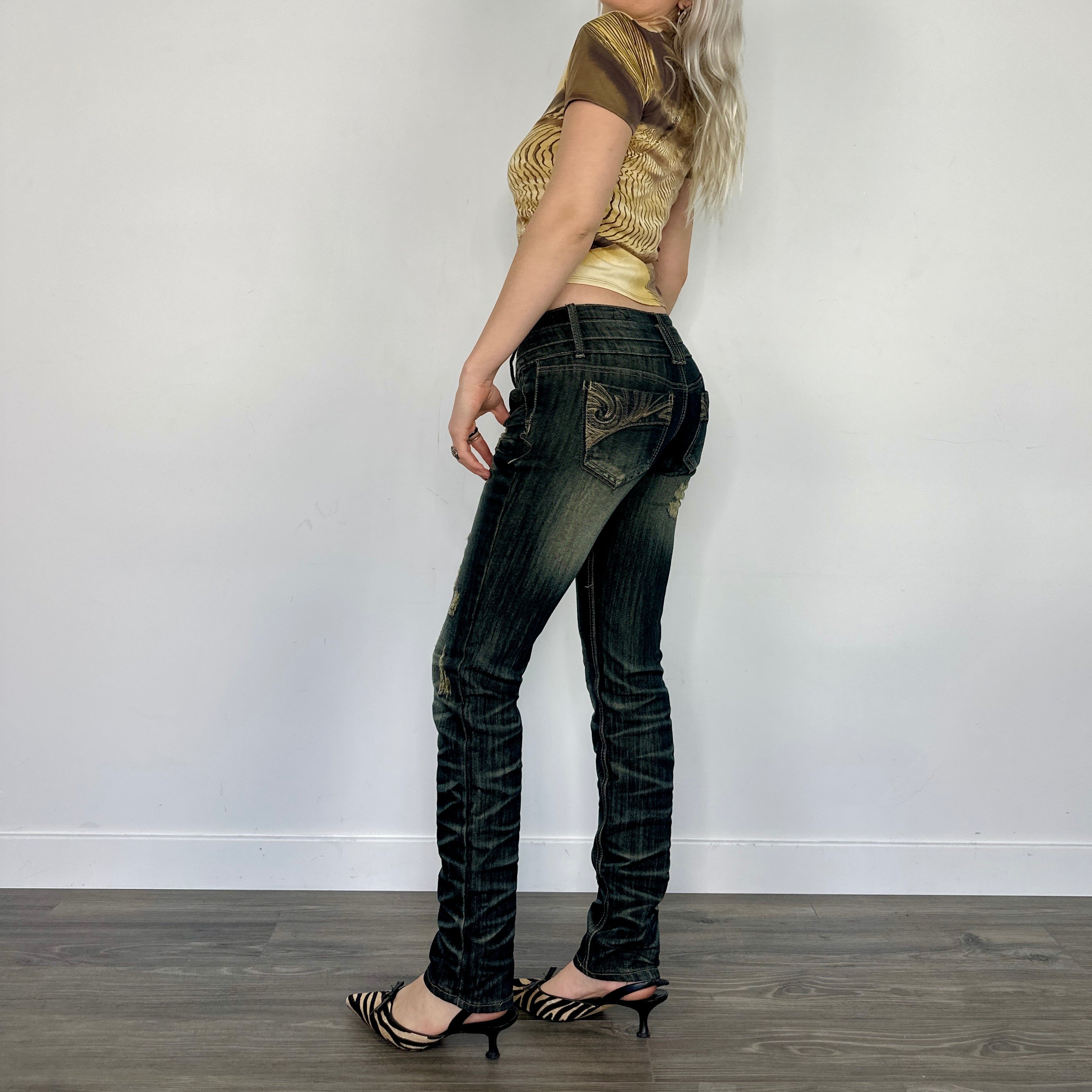 Dark Washed Distressed Skinny Denim (XS/S)