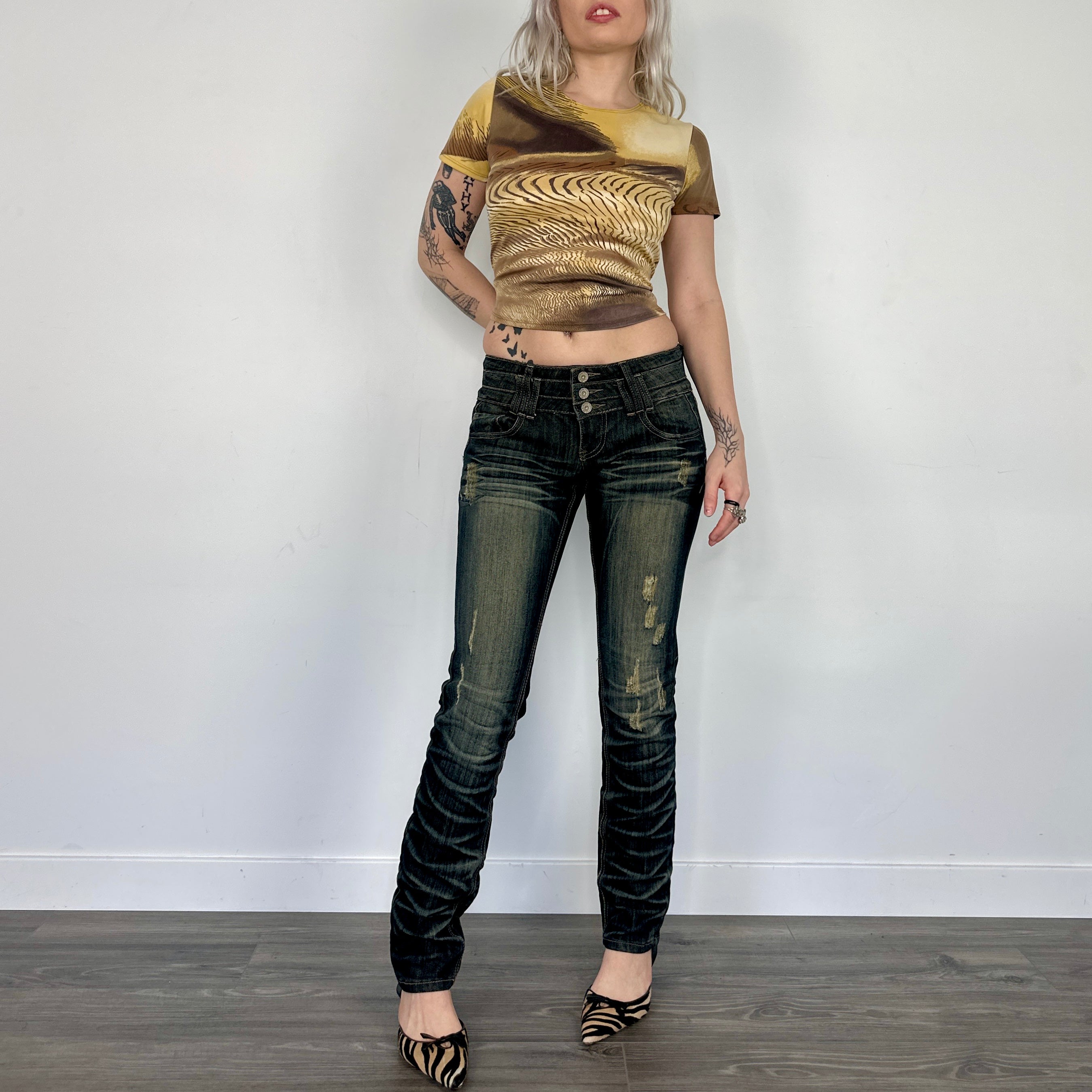 Dark Washed Distressed Skinny Denim (XS/S)