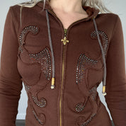 Chocolate Rhinestone Zip Up Hoodie Dress (S)