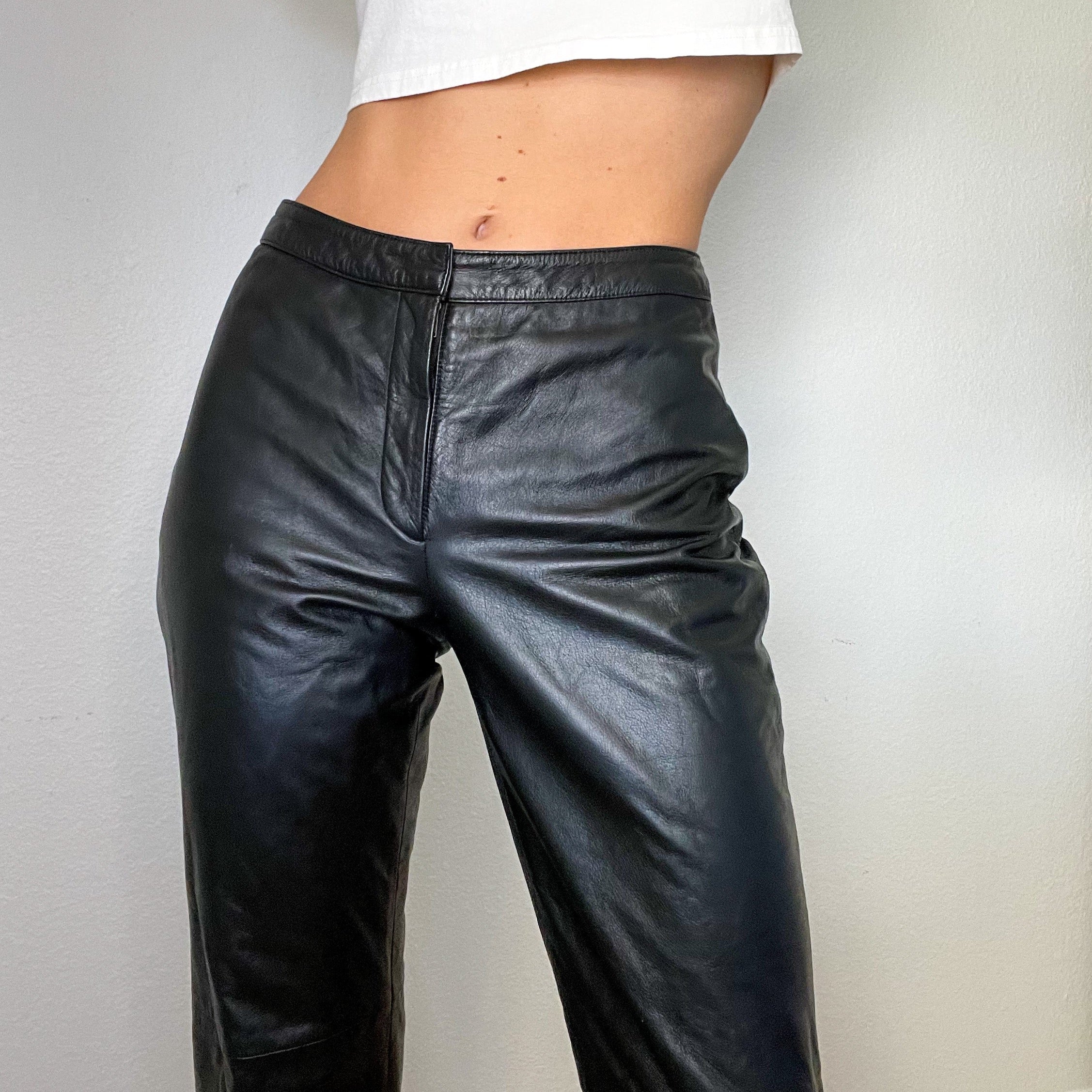 Black Genuine Leather Y2K Bootcut Pants (S)