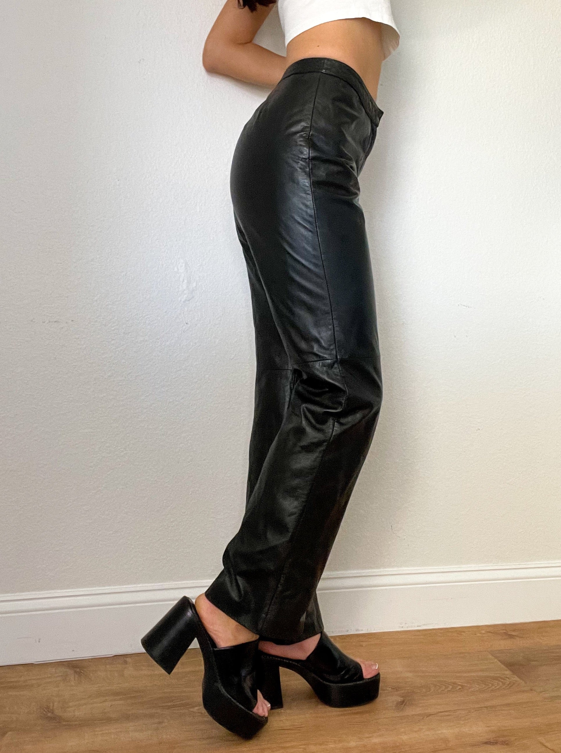 Black Genuine Leather Y2K Bootcut Pants (S)