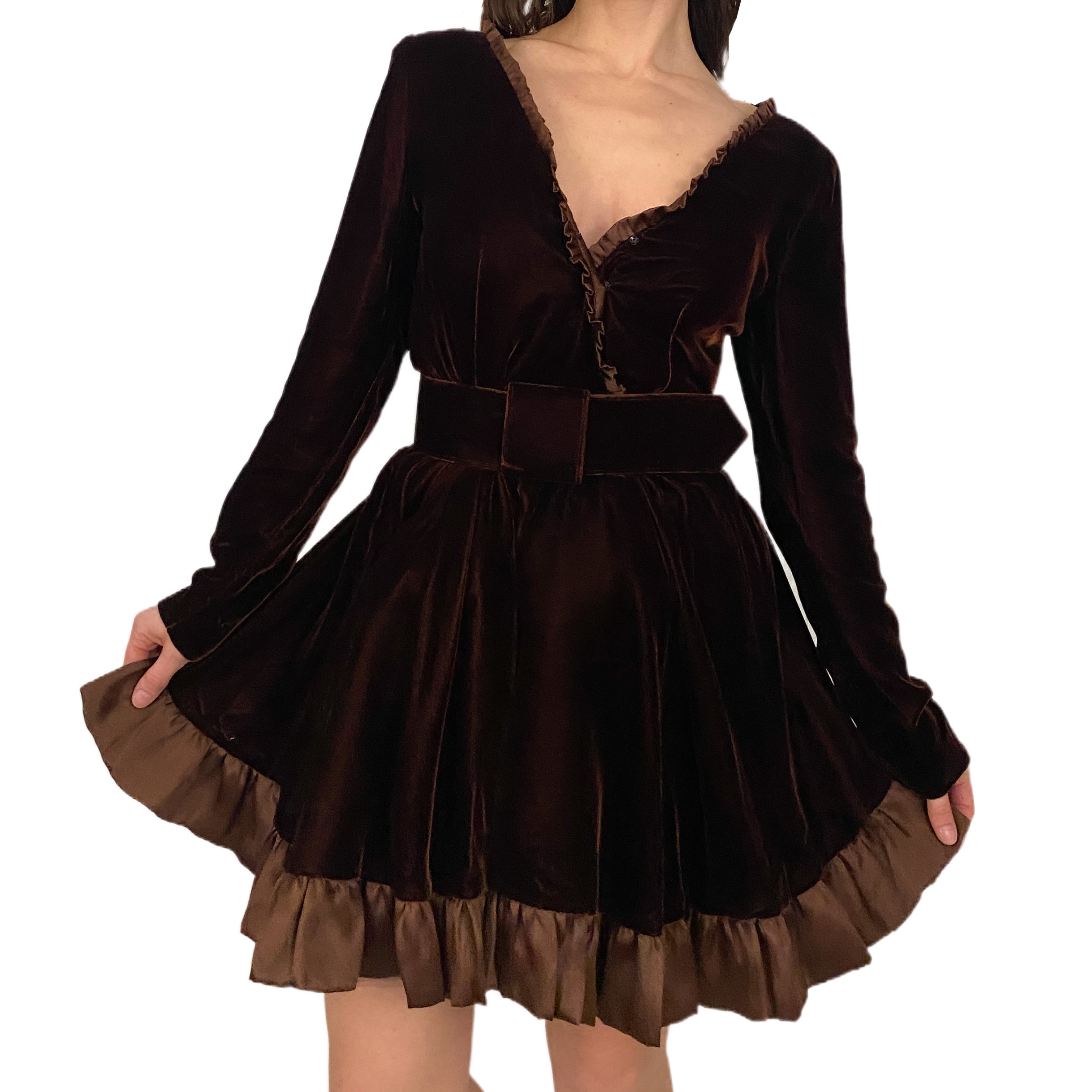brown balloon sleeve dress Vintage 1950s Brown Dress With Velvet Trim SZ S main image 0