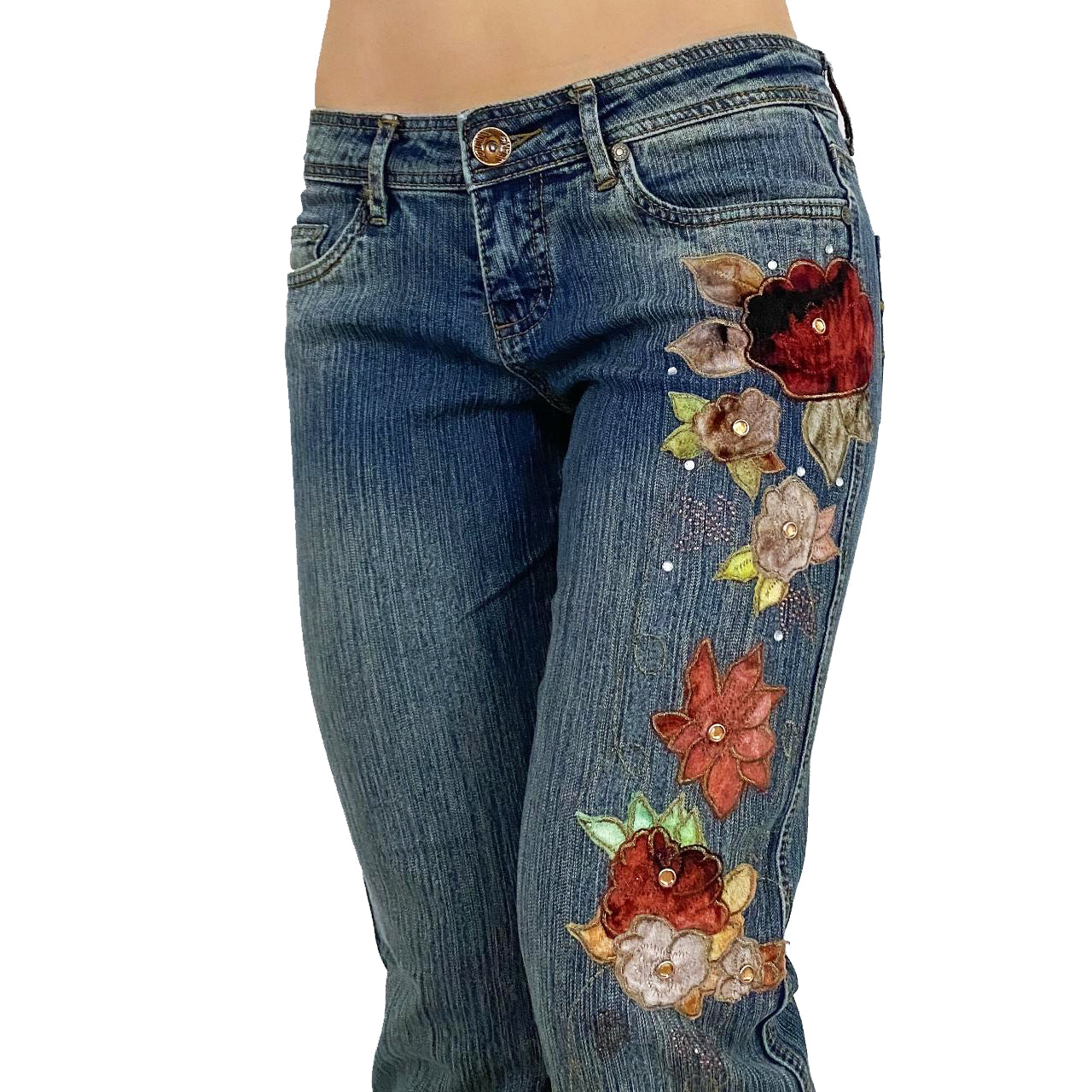 Floral Embellished Low Rise Flare Jeans (XS)