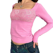 2000s Moda International Pink Lace Long Sleeve Top (S)