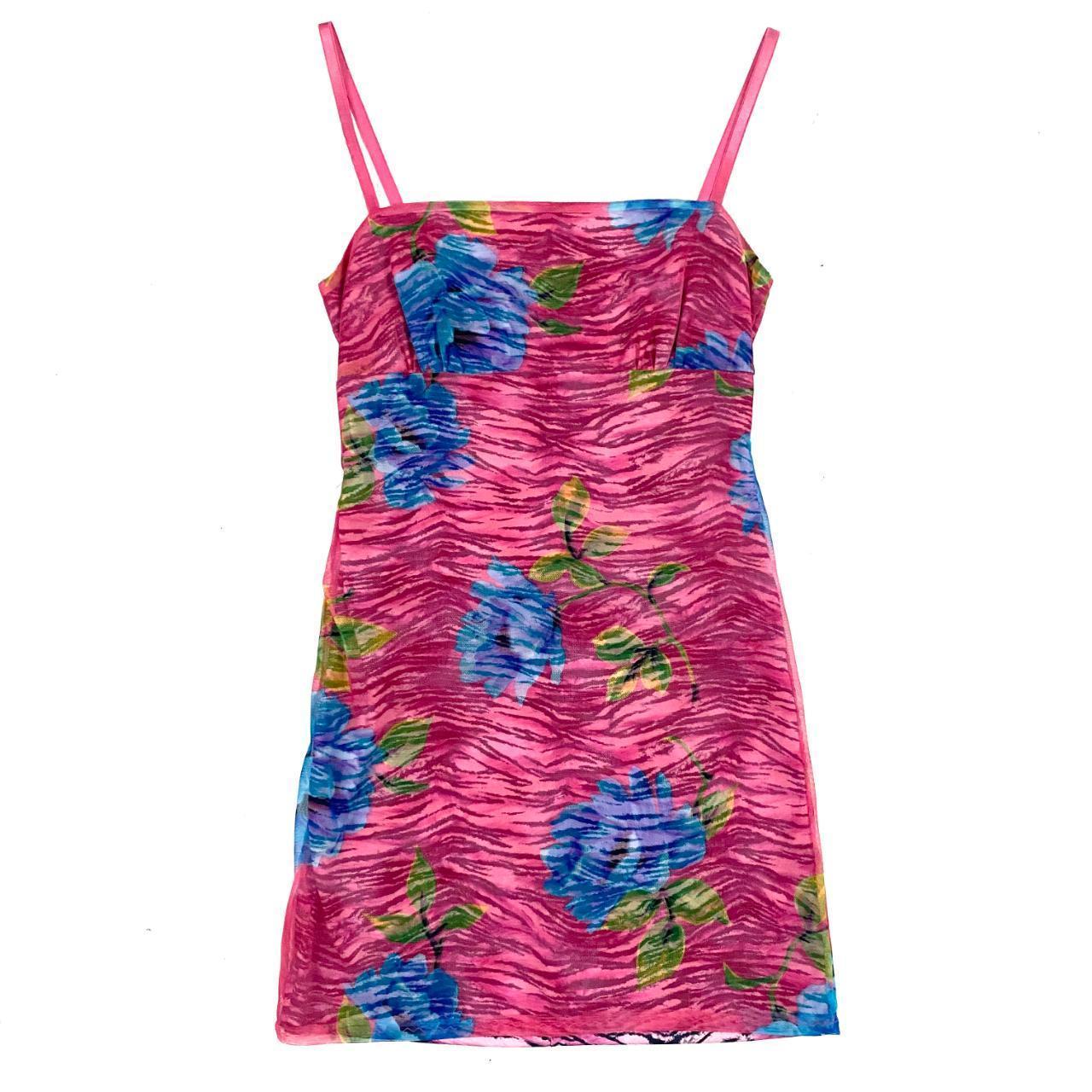 Y2K Zebra Floral Mesh Mini Dress (S)