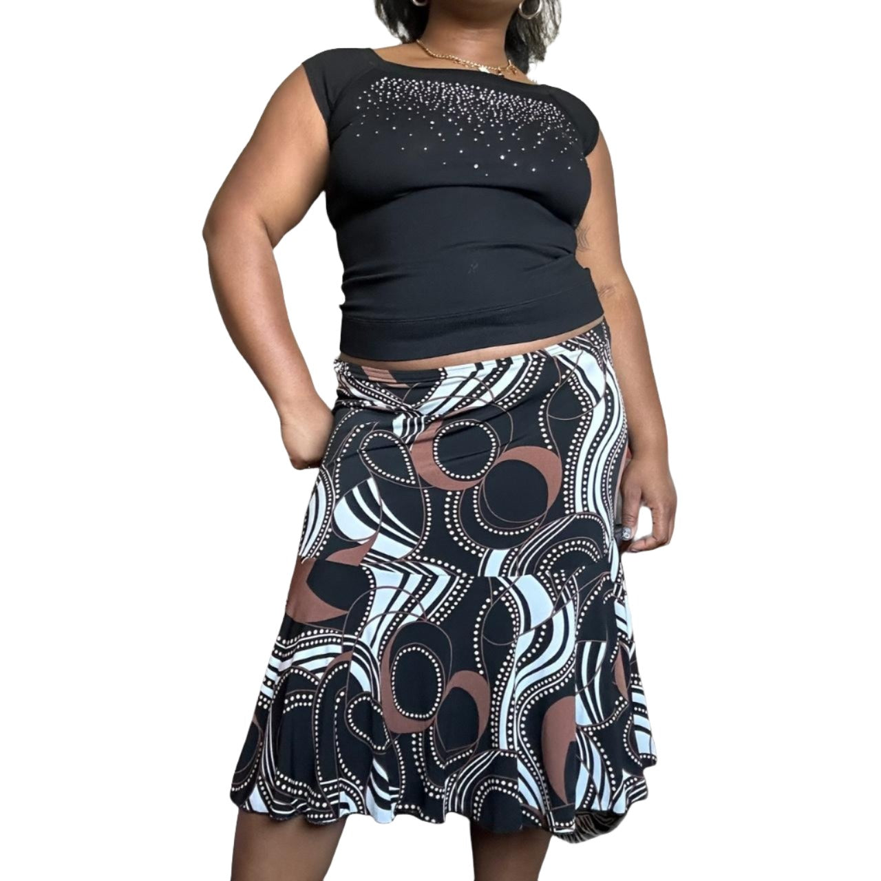 VTG Black and Brown Swirly Midi Skirt (L/XL)