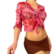 2000s Moda International Pink Floral Mesh Top (M)