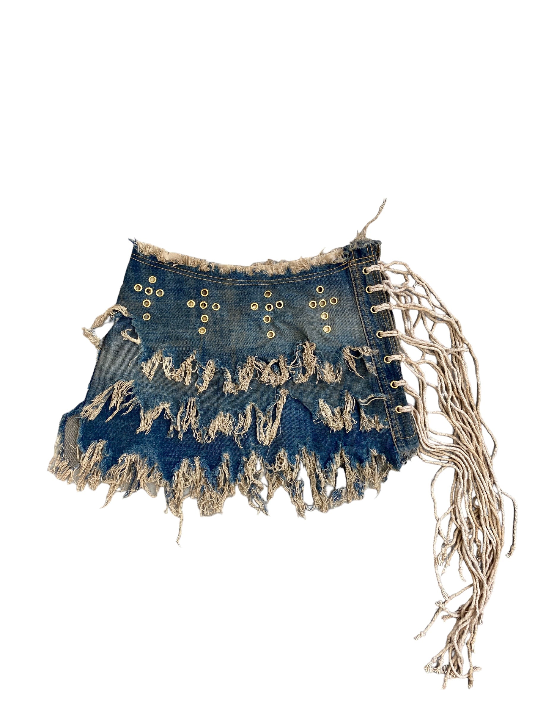 Upcycled Bespoke Denim Eyelet Skirt (XXS)