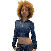 Y2K Cropped Denim Zip Up Jacket Moto Style (XS)