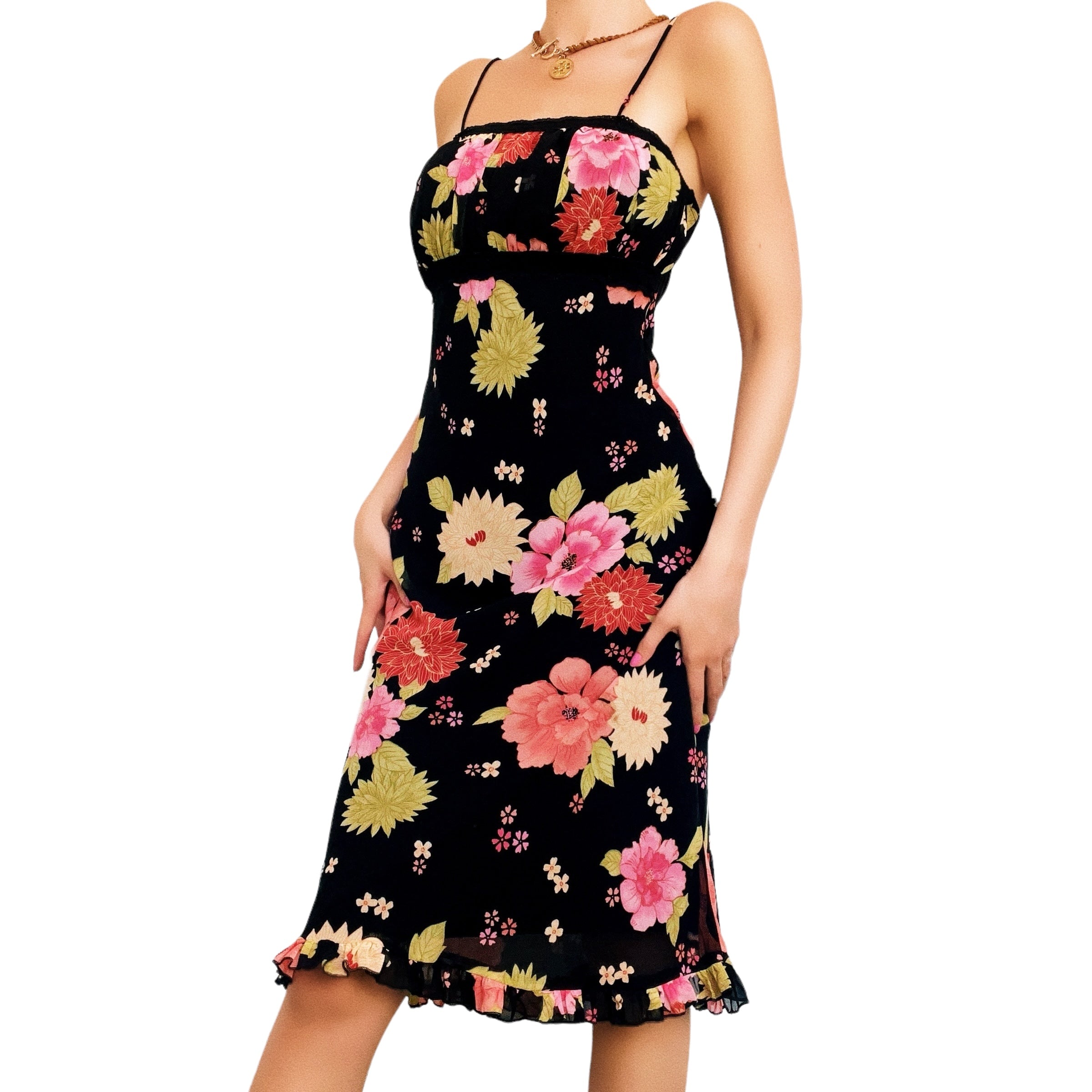 90s Black Floral Midi Dress (S)