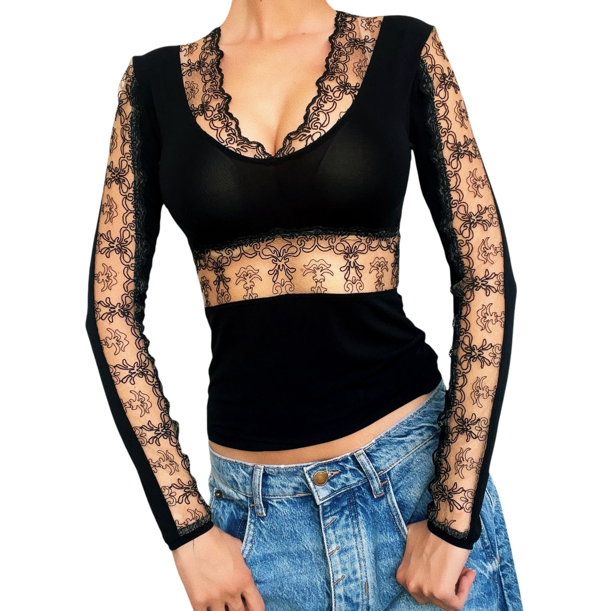 French Vintage Lacy Black Top (XS)