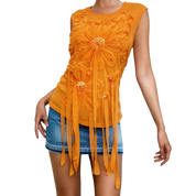 Caché Embellished Orange Mesh Top (M)