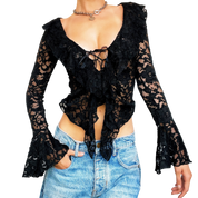90s Black Lace Up Blouse (S)