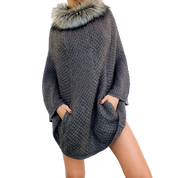 Furry Gray Knit Poncho Sweater (One Size)