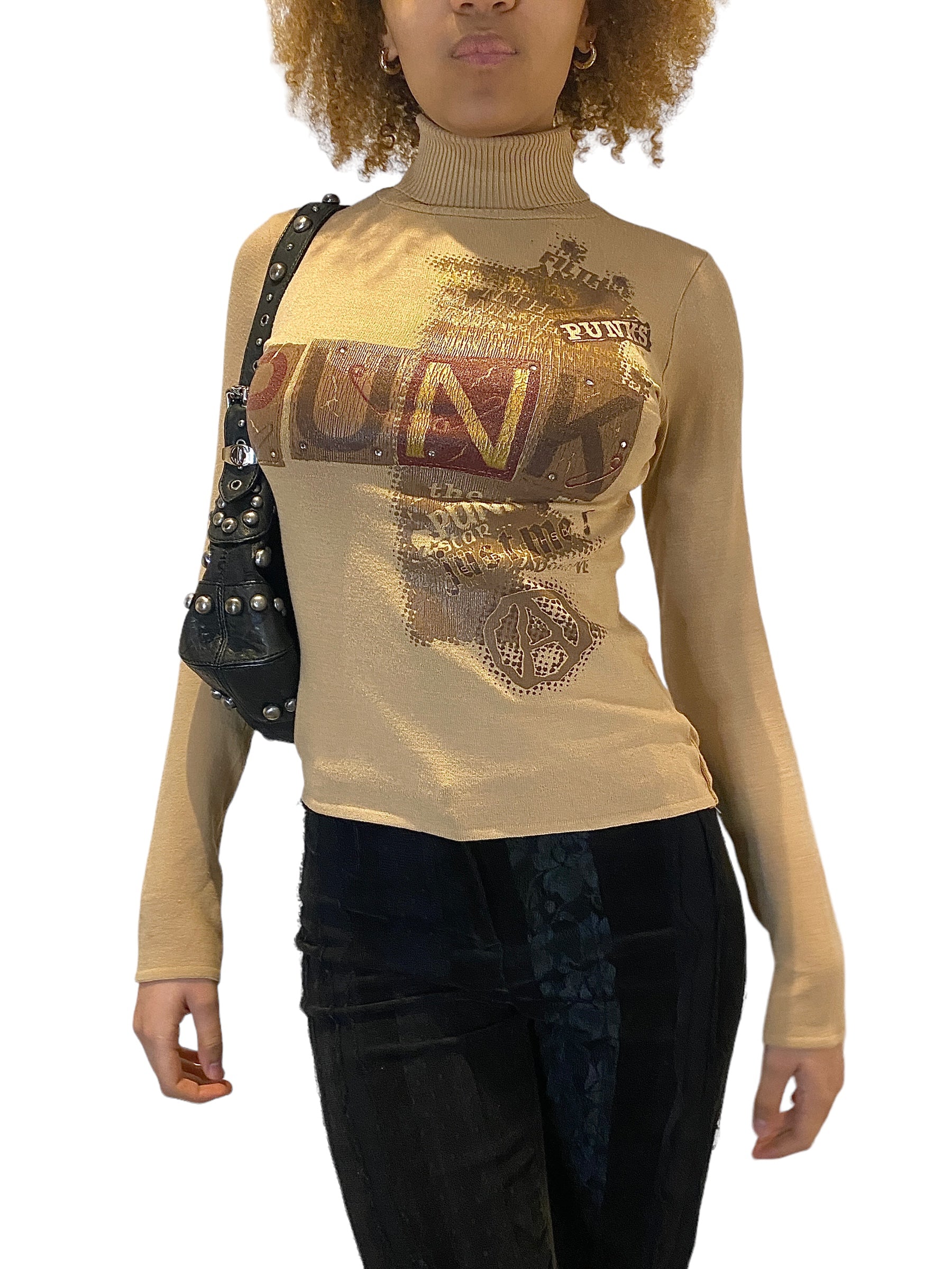 Y2K Graphic Print Punk Motif Turtleneck Knit (S)