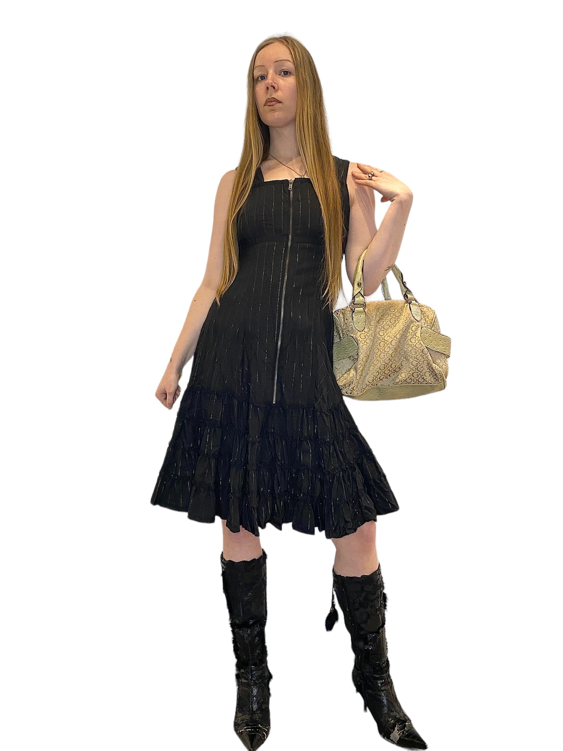 Vintage 90s Archive Parisian Gothic Pinstripe Jacket and Dress Two-piece Set (S/M)