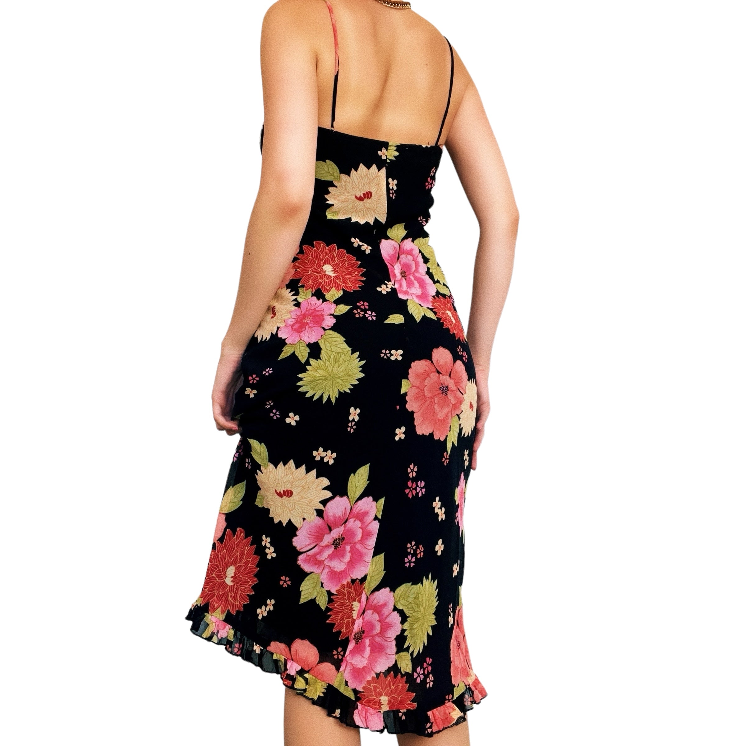 90s Black Floral Midi Dress (S)