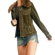 Army Green Furry Corduroy Jacket (S/M)