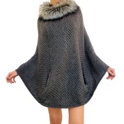 Furry Gray Knit Poncho Sweater (One Size)