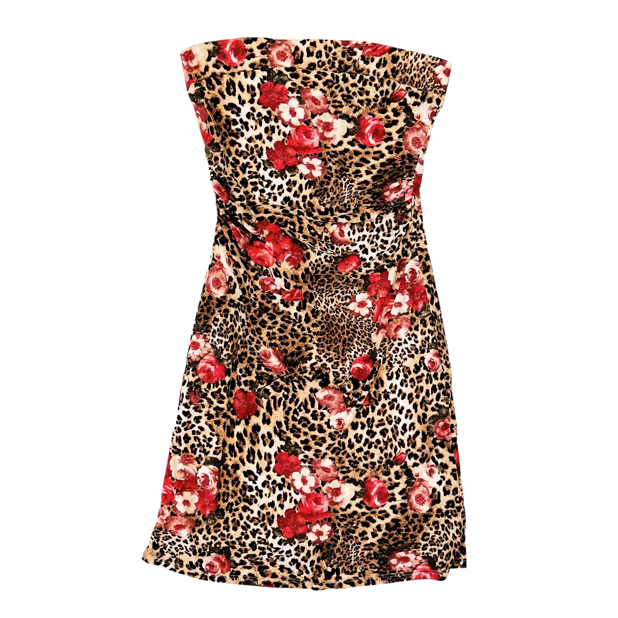 90s Strapless Floral Leopard Print Dress (M)