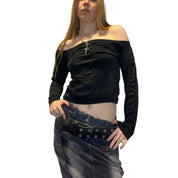 Vintage Off-the-Shoulder Stretchy Black Ruched Long Sleeve (M/L)